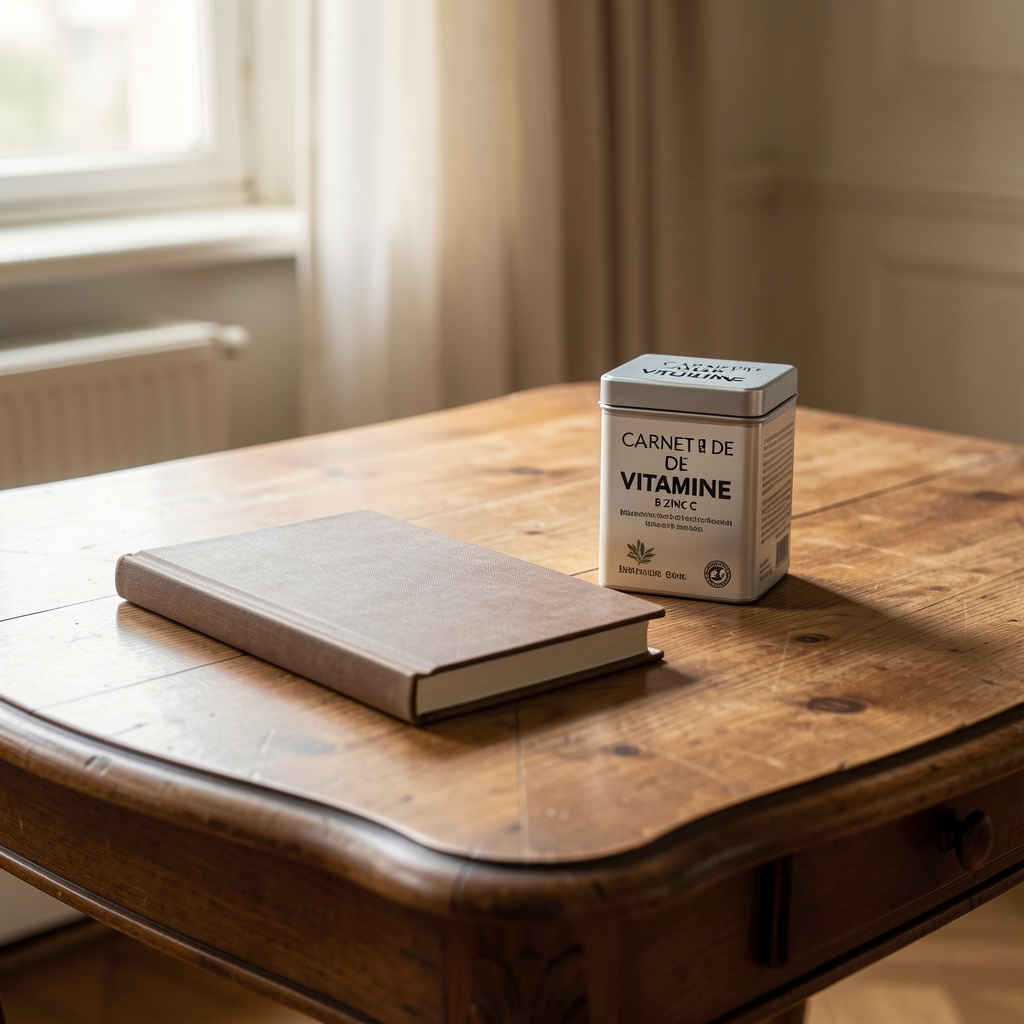 Carnet de routine et boîte Zinc et Vitamine C sur une table française lumineuse