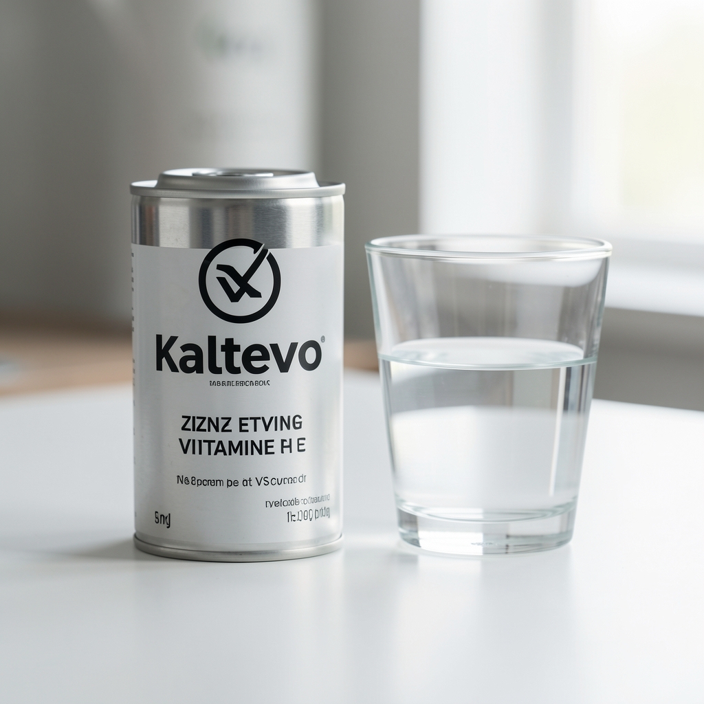 Zinc et vitamine C Kaltevo posés sur un plan de travail clair avec verre d'eau et carnet de routine