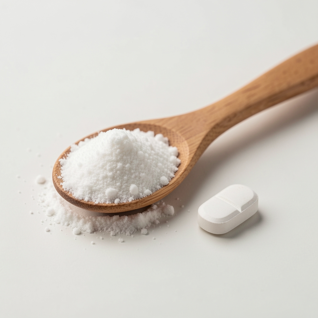 Poudre de vitamine C et comprimé de zinc présentés avec une cuillère en bois sur fond clair