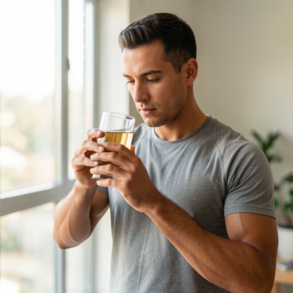 Adulte actif préparant une routine matinale avec verre d'eau et boîte Zinc et Vitamine C sur une table lumineuse