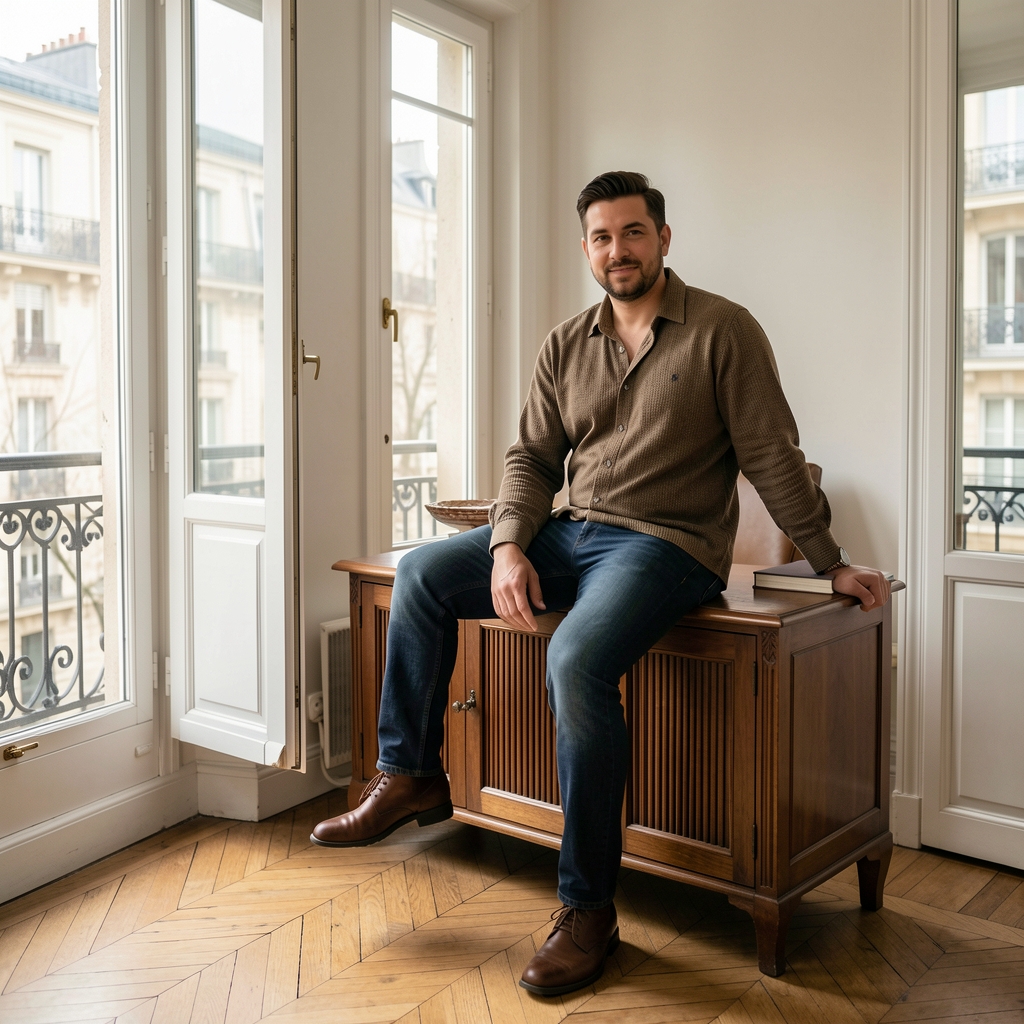 Colis Kaltevo posé sur une console dans un appartement parisien lumineux